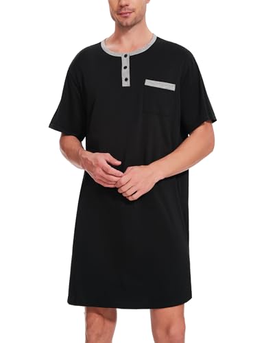 Uniexcosm Nachthemd Herren Kurzarm Schlafshirt Rundhals Einteiliger Schlafanzugoberteile Pyjama Tops Bequem Nachtwäsche Sleepshirt mit Knopfleiste und Brusttasche Schwarz M von Uniexcosm