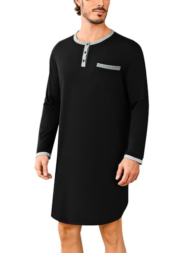 Uniexcosm Nachthemd Herren Langarm Einteiler Schlafshirt Rundhals Einteiliger Schlafanzugoberteile Pyjama Tops Bequem Nachtwäsche Sleepshirt mit Knopfleiste und Brusttasche Schwarz XXL von Uniexcosm