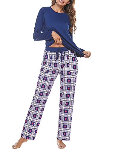 Uniexcosm Schlafanzug Damen Baumwolle Pyjama Set Lang Zweiteiliger Nachtwäsche Raglanärmel Sleepwear und Karierte Pyjamahose Hausanzug Freizeitanzug Stil 1:Marineblau-2 XL von Uniexcosm