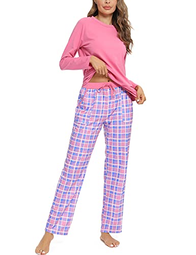Uniexcosm Schlafanzug Damen Baumwolle Pyjama Set Lang Zweiteiliger Nachtwäsche Raglanärmel Sleepwear und Karierte Pyjamahose Hausanzug Freizeitanzug Stil 1:Rosa-1 XL von Uniexcosm