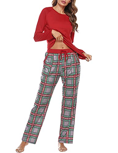 Uniexcosm Schlafanzug Damen Baumwolle Pyjama Set Lang Zweiteiliger Nachtwäsche Raglanärmel Sleepwear und Karierte Pyjamahose Hausanzug Freizeitanzug Stil 1:Rot S von Uniexcosm