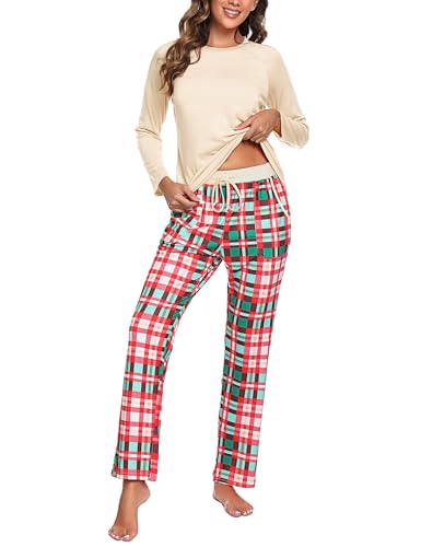 Uniexcosm Schlafanzug Damen Baumwolle Pyjama Set Lang Zweiteiliger Nachtwäsche Raglanärmel Sleepwear und Karierte Pyjamahose Hausanzug Freizeitanzug Stil 1:Aprikose XL von Uniexcosm