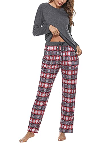 Uniexcosm Schlafanzug Damen Baumwolle Pyjama Set Lang Zweiteiliger Nachtwäsche Raglanärmel Sleepwear und Karierte Pyjamahose Hausanzug Freizeitanzug Stil 1:Dunkelgrau L von Uniexcosm