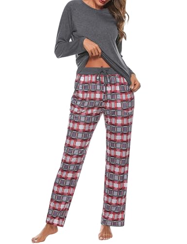Uniexcosm Schlafanzug Damen Baumwolle Pyjama Set Lang Zweiteiliger Nachtwäsche Raglanärmel Sleepwear und Karierte Pyjamahose Hausanzug Freizeitanzug Stil 1:Dunkelgrau L von Uniexcosm