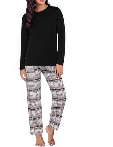 Uniexcosm Schlafanzug Damen Baumwolle Pyjama Set Lang Zweiteiliger Nachtwäsche Raglanärmel Sleepwear und Karierte Pyjamahose Hausanzug Freizeitanzug Stil 1:Dunkelschwarz S von Uniexcosm
