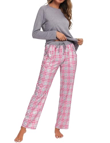 Uniexcosm Schlafanzug Damen Baumwolle Pyjama Set Lang Zweiteiliger Nachtwäsche Raglanärmel Sleepwear und Karierte Pyjamahose Hausanzug Freizeitanzug Stil 1:Grau L von Uniexcosm