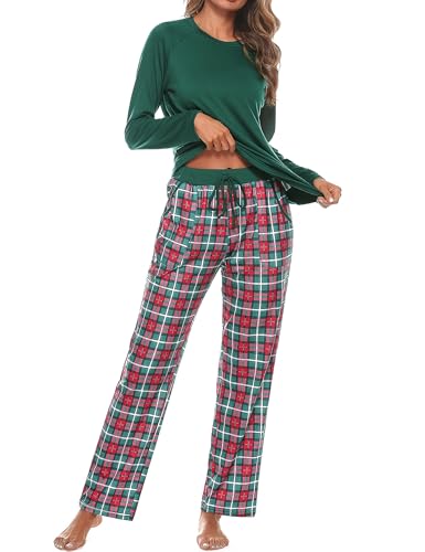 Uniexcosm Schlafanzug Damen Baumwolle Pyjama Set Lang Zweiteiliger Nachtwäsche Raglanärmel Sleepwear und Karierte Pyjamahose Hausanzug Freizeitanzug Stil 1:Grün L von Uniexcosm