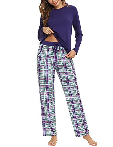 Uniexcosm Schlafanzug Damen Baumwolle Pyjama Set Lang Zweiteiliger Nachtwäsche Raglanärmel Sleepwear und Karierte Pyjamahose Hausanzug Freizeitanzug Stil 1:Königsblau XL von Uniexcosm