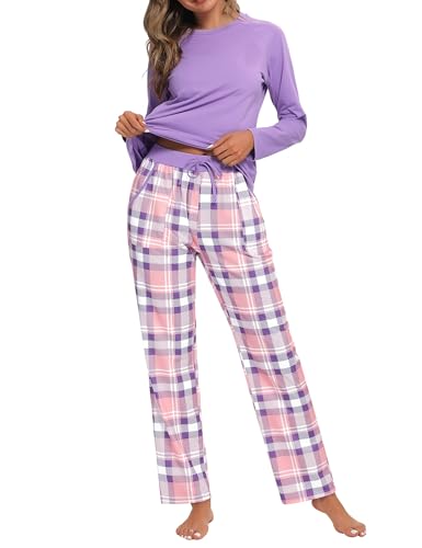 Uniexcosm Schlafanzug Damen Baumwolle Pyjama Set Lang Zweiteiliger Nachtwäsche Raglanärmel Sleepwear und Karierte Pyjamahose Hausanzug Freizeitanzug Stil 1:Lila L von Uniexcosm
