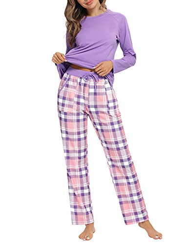 Uniexcosm Schlafanzug Damen Baumwolle Pyjama Set Lang Zweiteiliger Nachtwäsche Raglanärmel Sleepwear und Karierte Pyjamahose Hausanzug Freizeitanzug Stil 1:Lila S von Uniexcosm