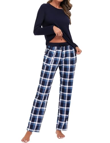 Uniexcosm Schlafanzug Damen Baumwolle Pyjama Set Lang Zweiteiliger Nachtwäsche Raglanärmel Sleepwear und Karierte Pyjamahose Hausanzug Freizeitanzug Stil 1:Marineblau-1 L von Uniexcosm