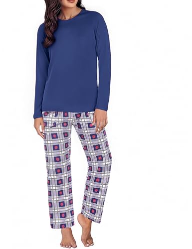 Uniexcosm Schlafanzug Damen Baumwolle Pyjama Set Lang Zweiteiliger Nachtwäsche Raglanärmel Sleepwear und Karierte Pyjamahose Hausanzug Freizeitanzug Stil 1:Marineblau-2 L von Uniexcosm