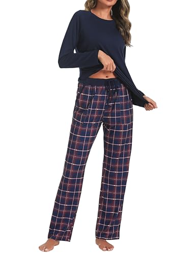 Uniexcosm Schlafanzug Damen Baumwolle Pyjama Set Lang Zweiteiliger Nachtwäsche Raglanärmel Sleepwear und Karierte Pyjamahose Hausanzug Freizeitanzug Stil 1:PAT L von Uniexcosm