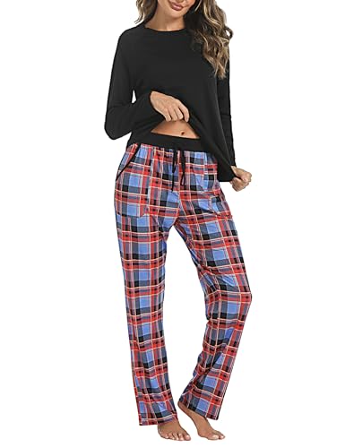 Uniexcosm Schlafanzug Damen Baumwolle Pyjama Set Lang Zweiteiliger Nachtwäsche Raglanärmel Sleepwear und Karierte Pyjamahose Hausanzug Freizeitanzug Stil 1:PAT1 M von Uniexcosm