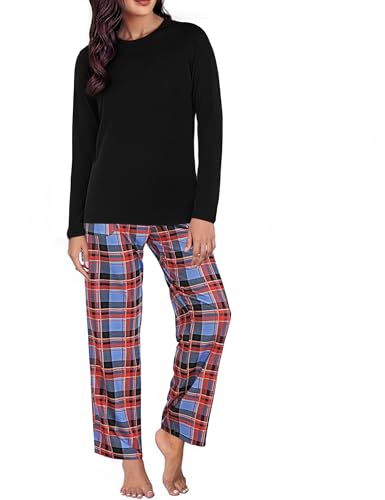 Uniexcosm Schlafanzug Damen Baumwolle Pyjama Set Lang Zweiteiliger Nachtwäsche Raglanärmel Sleepwear und Karierte Pyjamahose Hausanzug Freizeitanzug Stil 1:PAT1 XXL von Uniexcosm