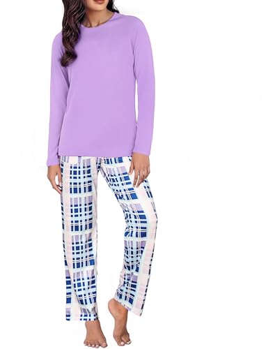 Uniexcosm Schlafanzug Damen Baumwolle Pyjama Set Lang Zweiteiliger Nachtwäsche Raglanärmel Sleepwear und Karierte Pyjamahose Hausanzug Freizeitanzug Stil 1:PAT2 L von Uniexcosm