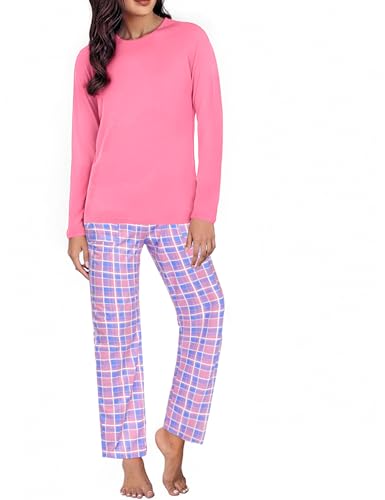 Uniexcosm Schlafanzug Damen Baumwolle Pyjama Set Lang Zweiteiliger Nachtwäsche Raglanärmel Sleepwear und Karierte Pyjamahose Hausanzug Freizeitanzug Stil 1:Rosa-1 XL von Uniexcosm