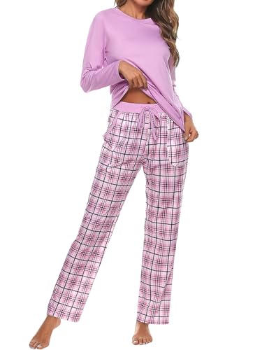 Uniexcosm Schlafanzug Damen Baumwolle Pyjama Set Lang Zweiteiliger Nachtwäsche Raglanärmel Sleepwear und Karierte Pyjamahose Hausanzug Freizeitanzug Stil 1:Rosa-2 XXL von Uniexcosm
