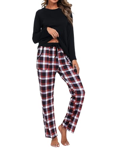 Uniexcosm Schlafanzug Damen Baumwolle Pyjama Set Lang Zweiteiliger Nachtwäsche Raglanärmel Sleepwear und Karierte Pyjamahose Hausanzug Freizeitanzug Stil 1:Schwarz S von Uniexcosm