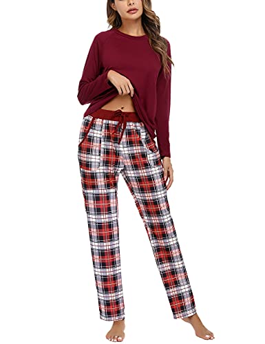 Uniexcosm Schlafanzug Damen Baumwolle Pyjama Set Lang Zweiteiliger Nachtwäsche Raglanärmel Sleepwear und Karierte Pyjamahose Hausanzug Freizeitanzug Stil 1:Weinrot XXL von Uniexcosm