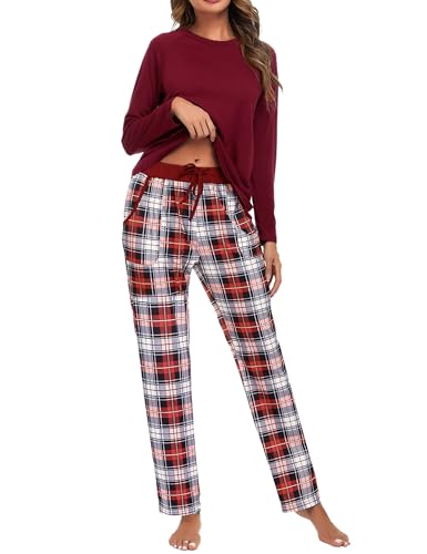Uniexcosm Schlafanzug Damen Baumwolle Pyjama Set Lang Zweiteiliger Nachtwäsche Raglanärmel Sleepwear und Karierte Pyjamahose Hausanzug Freizeitanzug Stil 1:Weinrot XXL von Uniexcosm