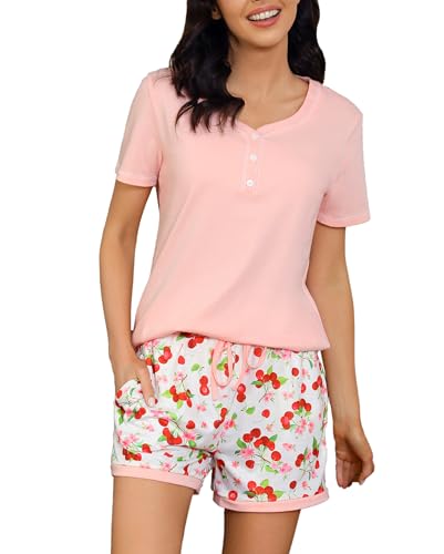 Uniexcosm Schlafanzug Damen Kurz Baumwolle Pyjama Set Kurzarm Nachtwäsche Set Tropisches Druckdesign Zweiteiliger Sleepshirt und Pyjamahose Sleepwear Loungewear Stil 2:Rosa von Uniexcosm