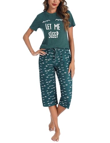 Uniexcosm Schlafanzug Damen Kurz Baumwolle Pyjama Set Zweiteiliger Kurzarm Nachtwäsche Wimperndruck Oberteil und 3/4 Hose Sleepwear A:Dunkelgrün von Uniexcosm