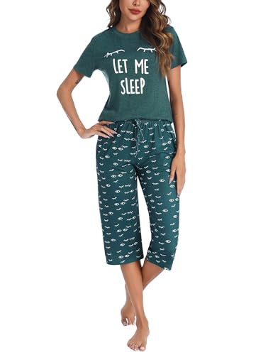 Uniexcosm Schlafanzug Damen Kurz Baumwolle Pyjama Set Zweiteiliger Kurzarm Nachtwäsche Wimperndruck Oberteil und 3/4 Hose Sleepwear A:Dunkelgrün XL von Uniexcosm