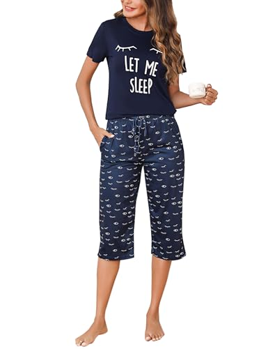 Uniexcosm Schlafanzug Damen Kurz Baumwolle Pyjama Set Zweiteiliger Kurzarm Nachtwäsche Wimperndruck Oberteil und 3/4 Hose Sleepwear A:Marineblau-1 M von Uniexcosm