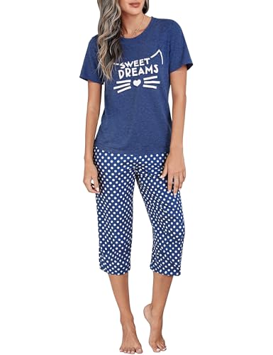 Uniexcosm Schlafanzug Damen Kurz Baumwolle Pyjama Set Zweiteiliger Kurzarm Nachtwäsche Wimperndruck Oberteil und 3/4 Hose Sleepwear A:Marineblau XXL von Uniexcosm