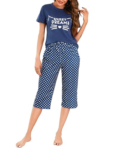 Uniexcosm Schlafanzug Damen Kurz Baumwolle Pyjama Set Zweiteiliger Kurzarm Nachtwäsche Wimperndruck Oberteil und 3/4 Hose Sleepwear A:Marineblau von Uniexcosm