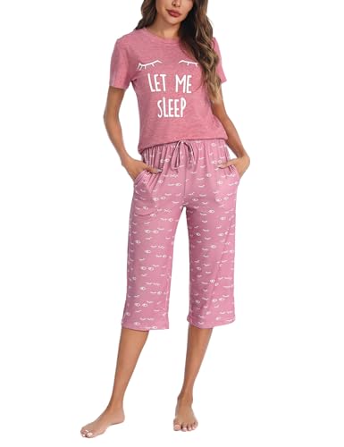 Uniexcosm Schlafanzug Damen Kurz Baumwolle Pyjama Set Zweiteiliger Kurzarm Nachtwäsche Wimperndruck Oberteil und 3/4 Hose Sleepwear A:Rosa von Uniexcosm