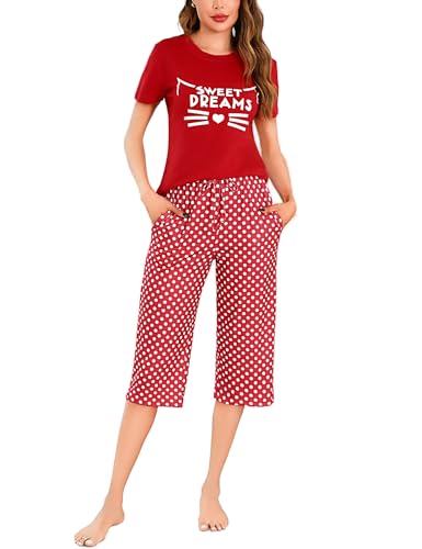 Uniexcosm Schlafanzug Damen Kurz Baumwolle Pyjama Set Zweiteiliger Kurzarm Nachtwäsche Wimperndruck Oberteil und 3/4 Hose Sleepwear A:Rot S von Uniexcosm