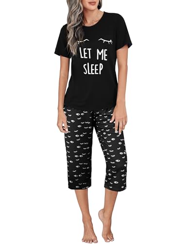 Uniexcosm Schlafanzug Damen Kurz Baumwolle Pyjama Set Zweiteiliger Kurzarm Nachtwäsche Wimperndruck Oberteil und 3/4 Hose Sleepwear A:Schwarz-1 L von Uniexcosm