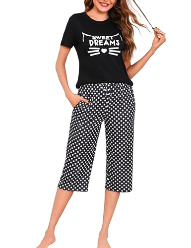 Uniexcosm Schlafanzug Damen Kurz Baumwolle Pyjama Set Zweiteiliger Kurzarm Nachtwäsche Wimperndruck Oberteil und 3/4 Hose Sleepwear A:Schwarz XXL von Uniexcosm