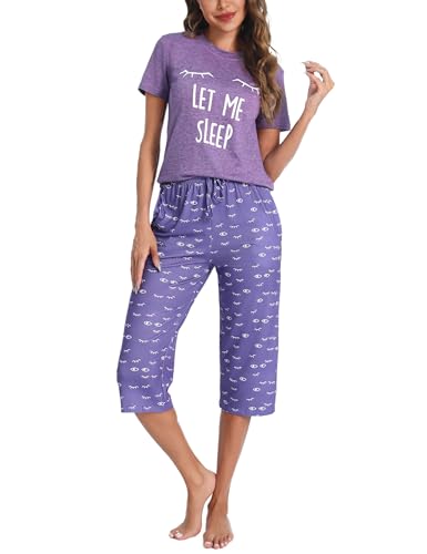 Uniexcosm Schlafanzug Damen Kurz Baumwolle Pyjama Set Zweiteiliger Kurzarm Nachtwäsche Wimperndruck Oberteil und 3/4 Hose Sleepwear A:Violett von Uniexcosm