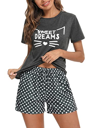 Uniexcosm Schlafanzug Damen Kurz Baumwolle Zweiteiliger Pyjama Set Kurzarm Nachtwäsche Wimperndruck Sleepwear Hausanzug Loungewear Stil 1:Dunkelgrau S von Uniexcosm