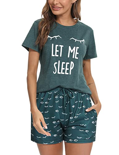 Uniexcosm Schlafanzug Damen Kurz Baumwolle Zweiteiliger Pyjama Set Kurzarm Nachtwäsche Wimperndruck Sleepwear Hausanzug Loungewear Stil 1:Dunkelgrün XL von Uniexcosm