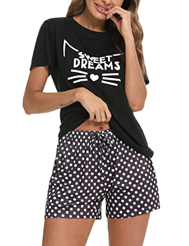 Uniexcosm Schlafanzug Damen Kurz Baumwolle Zweiteiliger Pyjama Set Kurzarm Nachtwäsche Wimperndruck Sleepwear Hausanzug Loungewear Stil 1:Schwarz L von Uniexcosm