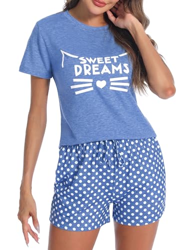 Uniexcosm Schlafanzug Damen Kurz Baumwolle Zweiteiliger Pyjama Set Kurzarm Nachtwäsche Wimperndruck Sleepwear Hausanzug Loungewear Stil 1:Blau-2 S von Uniexcosm