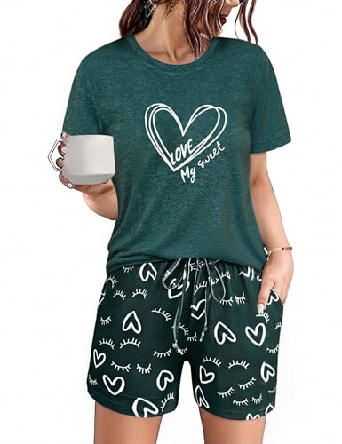 Uniexcosm Schlafanzug Damen Kurz Baumwolle Zweiteiliger Pyjama Set Kurzarm Nachtwäsche Wimperndruck Sleepwear Hausanzug Loungewear Stil 1:Dunkelgrün-1 XL von Uniexcosm