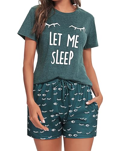Uniexcosm Schlafanzug Damen Kurz Baumwolle Zweiteiliger Pyjama Set Kurzarm Nachtwäsche Wimperndruck Sleepwear Hausanzug Loungewear Stil 1:Dunkelgrün XXL von Uniexcosm