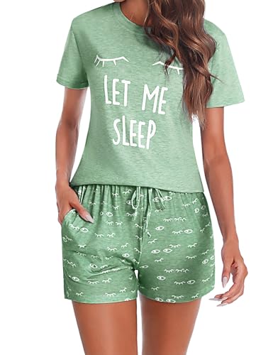 Uniexcosm Schlafanzug Damen Kurz Baumwolle Zweiteiliger Pyjama Set Kurzarm Nachtwäsche Wimperndruck Sleepwear Hausanzug Loungewear Stil 1:Grün-1 L von Uniexcosm