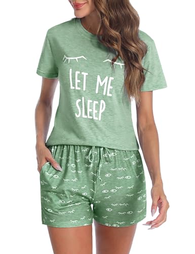 Uniexcosm Schlafanzug Damen Kurz Baumwolle Zweiteiliger Pyjama Set Kurzarm Nachtwäsche Wimperndruck Sleepwear Hausanzug Loungewear Stil 1:Grün-1 XL von Uniexcosm