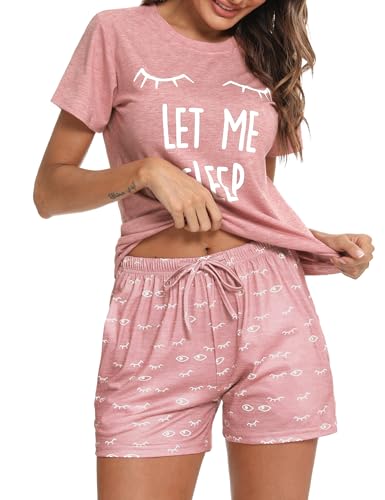 Uniexcosm Schlafanzug Damen Kurz Baumwolle Zweiteiliger Pyjama Set Kurzarm Nachtwäsche Wimperndruck Sleepwear Hausanzug Loungewear Stil 1:Hellrosa-1 XL von Uniexcosm