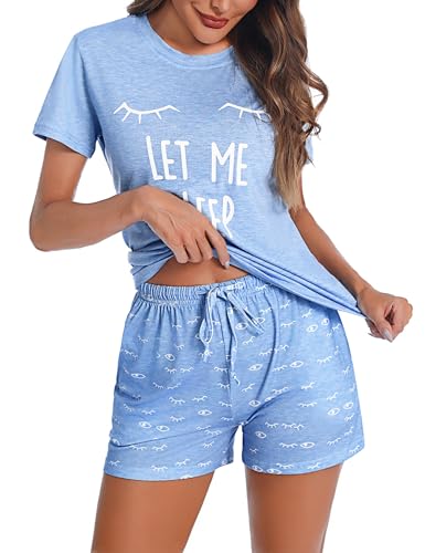 Uniexcosm Schlafanzug Damen Kurz Baumwolle Zweiteiliger Pyjama Set Kurzarm Nachtwäsche Wimperndruck Sleepwear Hausanzug Loungewear Stil 1:Himmelblau-1 S von Uniexcosm