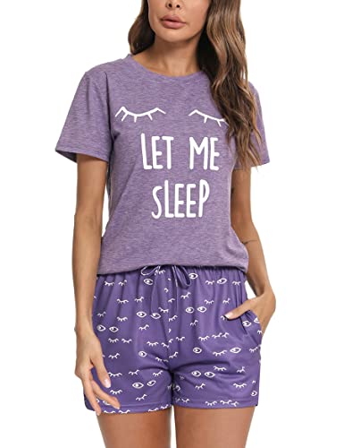 Uniexcosm Schlafanzug Damen Kurz Baumwolle Zweiteiliger Pyjama Set Kurzarm Nachtwäsche Wimperndruck Sleepwear Hausanzug Loungewear Stil 1:Lila M von Uniexcosm