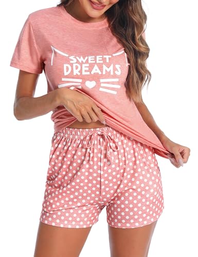 Uniexcosm Schlafanzug Damen Kurz Baumwolle Zweiteiliger Pyjama Set Kurzarm Nachtwäsche Wimperndruck Sleepwear Hausanzug Loungewear Stil 1:Lotusfarbe-2 L von Uniexcosm