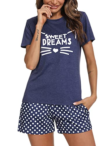 Uniexcosm Schlafanzug Damen Kurz Baumwolle Zweiteiliger Pyjama Set Kurzarm Nachtwäsche Wimperndruck Sleepwear Hausanzug Loungewear Stil 1:Marineblau L von Uniexcosm