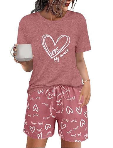 Uniexcosm Schlafanzug Damen Kurz Baumwolle Zweiteiliger Pyjama Set Kurzarm Nachtwäsche Wimperndruck Sleepwear Hausanzug Loungewear Stil 1:Rosa-1 3XL von Uniexcosm